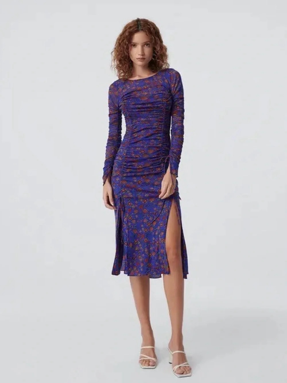 Diane Von Furstenberg Purple Floral Ruched Midi Dress with Red Flowers - size L